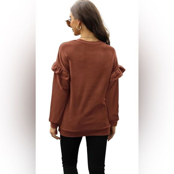 Long Sleeve Brown Sweater with ruffles. Size small. - Picture 3 of 9